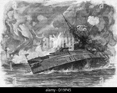 Schlacht von den YALU 17. September 1894. Das chinesische Kriegsschiff "König-Yuen" in Brand und Untergang Stockfoto