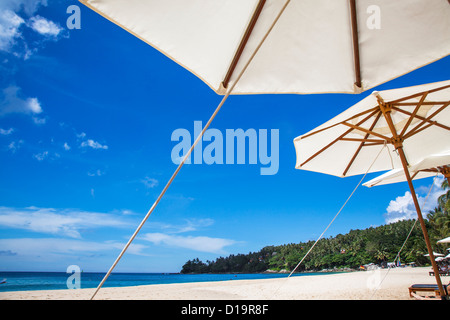 Sonnenschirme am Pansea Beach, Surin Beach, Phuket, Thailand Stockfoto