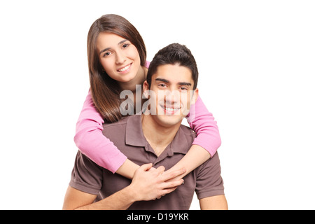 Junge liebende Paar umarmt isoliert auf weißem Hintergrund Stockfoto