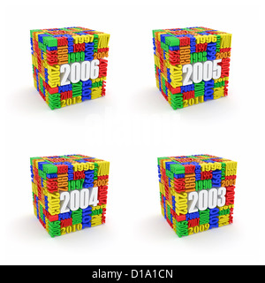 Neues Jahr 2006, 2005, 2004, 2003. Cube, bestehend aus den Zahlen. 3D Stockfoto