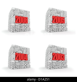 Neues Jahr 2006, 2005, 2004, 2003. Cube, bestehend aus den Zahlen. 3D Stockfoto