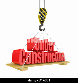 Im Bau. Kran hebt den Text auf weißem Hintergrund. 3D Stockfoto