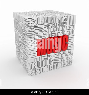 Musik. Das Konzept der Wörter auf weißem Hintergrund isoliert. 3D Stockfoto
