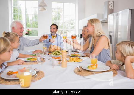 Erwachsene, heben ihre Gläser am Thanksgiving-dinner Stockfoto