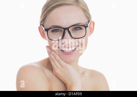 Close-up Portrait der glückliche junge Frau mit Brille Stockfoto