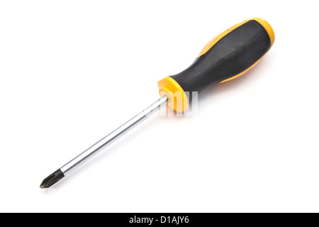 Gelb-Schraubendreher und Schrauben isoliert auf weißem Hintergrund Stockfoto