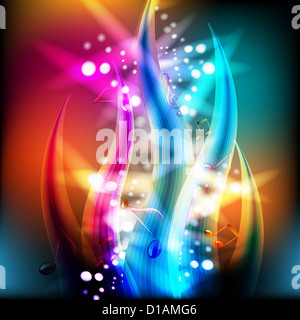 Zusammenfassung Hintergrund mit Musiknoten und Lichter Stockfoto