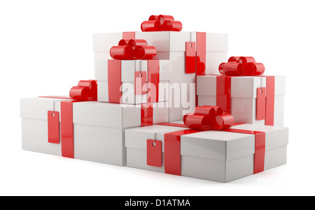 3D Render von geschlossenen Geschenkboxen auf weißem Hintergrund Stockfoto