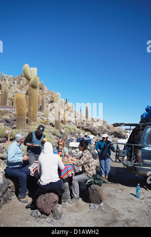 Touristen beim Mittagessen auf Isla del Pescado (Fisch Insel) am Salar de Uyuni (Salt Flats von Uyuni), Abteilung Potosi, Bolivien Stockfoto