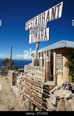 Restaurant im Dorf Cha'lla, Isla del Sol (Sonneninsel), Titicacasee, Bolivien Stockfoto