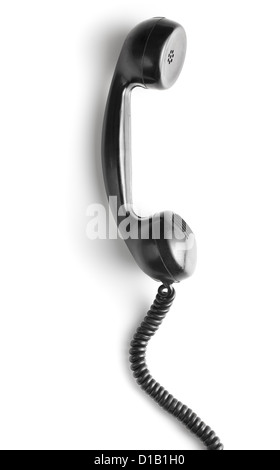 schwarze Vintage Telefonhörer auf weißem Hintergrund Stockfoto