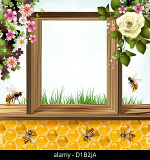 Fensterrahmen mit Blumen, Bienen und Waben Stockfoto