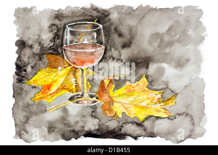 Herbstnacht rot Wein aus Leidenschaft Konzept - handgemachte Aquarell Malerei Illustration auf weißem Papier Kunst Hintergrund Stockfoto