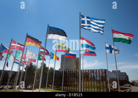 Internationale Fahnen, Europäische Kommission, Jean-Monnet-Gebäude, Europaviertel, Kirchberg-Plateau, Luxemburg-Stadt, Europa Stockfoto