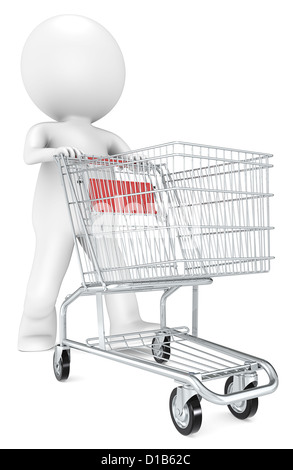 Einkaufswagen. 3D wenig menschlichen Charakter mit Druck eine Perspektivansicht Shopping Trolley.Front, rot. Menschen-Serie. Stockfoto