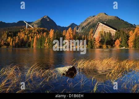 Herbstfarben und Reflexion in Strbske Pleso in der Tatra-Region der Slowakei Stockfoto