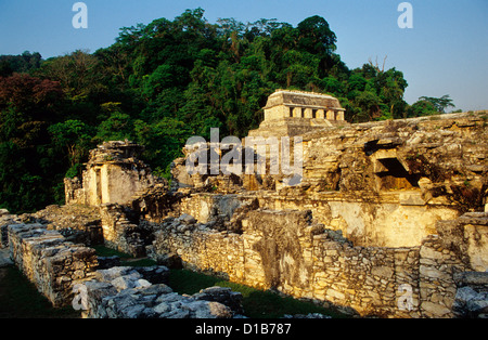 Der Palast (El Palacio) und der Tempel der Inschriften im Hintergrund.  Archäologische Stätte Palenque, Bundesstaat Chiapas, Mexico Stockfoto