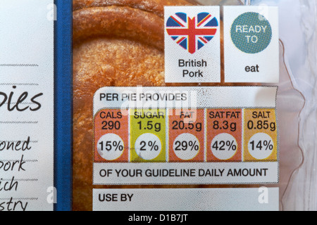 Britische Schweinefleisch bereit Symbole mit GDA-Guideline Daily Amount Informationen über Pork Pie Verpackung zu essen Stockfoto