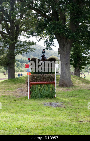 Frau auf einem braunen Pferd springen einen Langlauf-Zaun bei Blair Castle International Horse Trials Blair Atholl Schottland Stockfoto