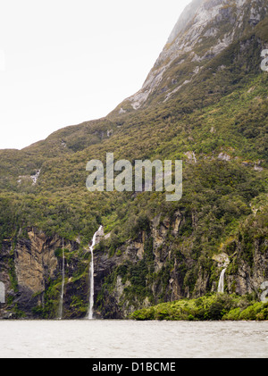 Wasserfälle in der Nähe von Milford Sound, Fiordland-Nationalpark, New Zealand, nach einem Starkregen-Ereignis. Stockfoto