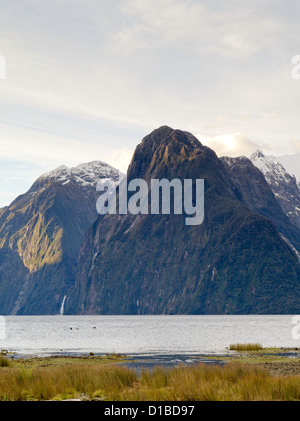 Sonnenuntergang senkt sich über Stirling Wasserfall, Milford Sound/Piopiotahi, Fjordland National Park, Neuseeland Stockfoto