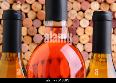 Nahaufnahme von drei Flaschen Wein zwei Chardonnay und ein roter vor einer Masse von aus Fokus Korken. Stockfoto
