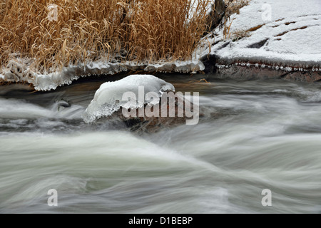 Eine Prise Schnee entlang Junction Creek im Spätherbst, Greater Sudbury, Ontario, Kanada Stockfoto