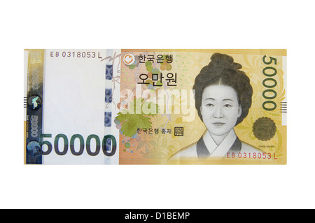 50.000 Won südkoreanischen Rechnungen (ca. $50) isoliert Stockfoto