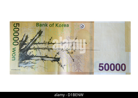 50.000 Won südkoreanischen Rechnungen (ca. $50) isoliert Stockfoto