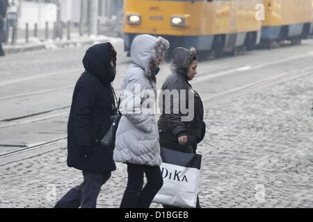 Sofia, Bulgarien; 14. Dezember 2012. Gruppe von Frauen in dicken Winterjacken mit pelzbesetzten Kapuzen überqueren einer Straße im Zentrum von Sofia an einem frostigen Morgen. Die Temperaturen in Westbulgarien sank um Tiefs während der anhaltenden Kältewelle aufzuzeichnen. Bildnachweis: Johann Brandstatter / Alamy Live News Stockfoto