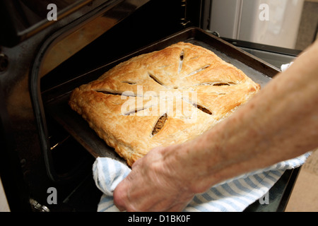Ältere Frau Zuhause backen einen Herzhaftes Gebäck Kuchen aus dem Ofen nehmen Stockfoto