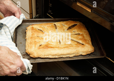 Ältere Frau Zuhause backen einen Herzhaftes Gebäck Kuchen aus dem Ofen nehmen Stockfoto
