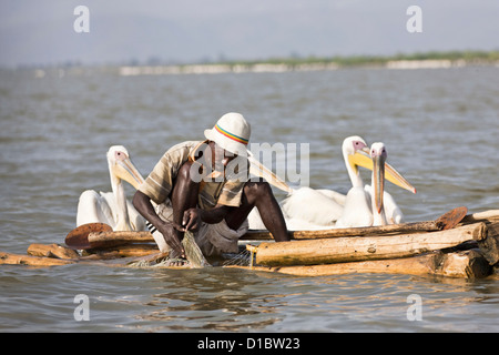 Fischer auf See Chamo, Arba Minch, Äthiopien. Fischer sammelt Fische aus Netzen, Pelikane warten Beifang. Afrika, Äthiopien Stockfoto