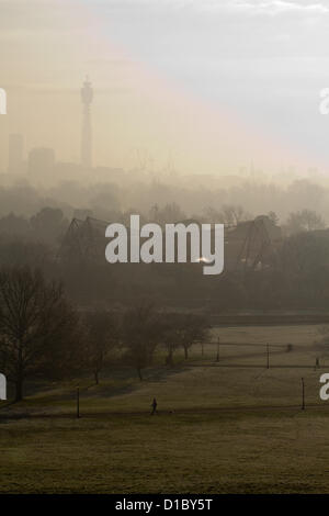Frost und Nebel quer durch London angesehen von Primrose Hill, London, 14. Dezember 2012 in London, Großbritannien Stockfoto