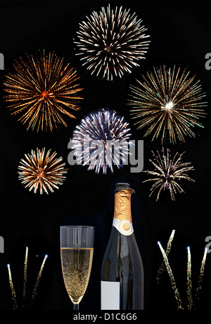 Feuerwerk und Champagner Stockfoto