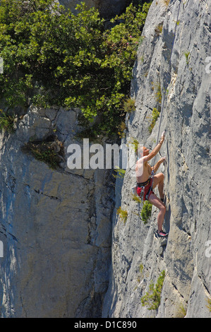 Klettern am Canyon des Flusses Verdon, regionalen Naturpark Verdon, Provence, Gorges du Verdon, Provence-Alpes-Cote-´, Azur Stockfoto