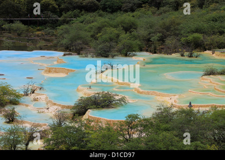 Pools gebildet durch Calcit Ablagerungen in Huanglong Natur behalten uns buchstäblich "gelben Drache" im nordwestlichen Teil von Sichuan, China Stockfoto