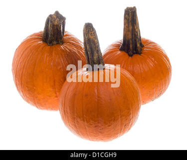 Drei orangefarbene Kürbisse, isoliert auf weiss Stockfoto