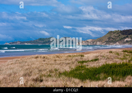 Pazifischen Ozean und Strand, mit Blick in Richtung Wainoe Strand und Gisborne, Nordinsel, Neuseeland. Stockfoto