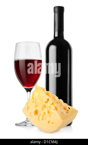 Flasche Wein und holländischen Käse isoliert auf weißem Hintergrund Stockfoto
