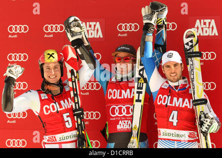 16.12.2012. Alta Badia, Italien. Podium mit von l bis R Marcel HIRSCHER (AUT), Ted LIGETY (USA), Thomas Fanara (FRA) beim Audi FIS Alpinen Ski Weltcup Riesenslalom-Rennen am 16. Dezember 2012 in Alta Badia, Italien. Stockfoto
