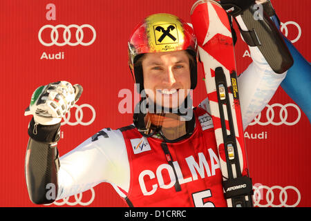 16.12.2012. Alta Badia, Italien. Marcel HIRSCHER (AUT) auf dem Podium des Audi FIS Alpinen Ski Weltcup Riesenslalom-Rennen am 16. Dezember 2012 in Alta Badia, Italien. Stockfoto