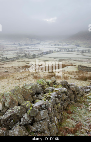 Trockenen Steinmauer im Winter Blick auf Great Langdale, Nationalpark Lake District, Cumbria, England, UK Stockfoto