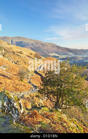 Ein Winter-Blick vom Helm Crag in Richtung Grasmere, Lake Districk Nationalpark Cumbria, England, UK Stockfoto