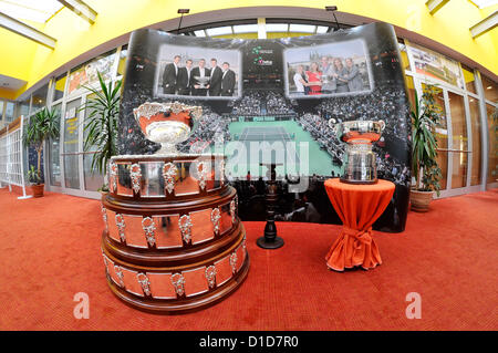 Fed Cup (links) und Davis Cup (rechts), Tennis-Trophy gewann in diesem Jahr durch die tschechischen Tennisspieler in Prostejov, Tschechische Republik auf 14. Dezember 2012 ausgestellt. Im Rahmen des Festabends der Meister und Medaillengewinner sind Trophäen ausgestellt. (CTK Foto/Ludek Perina) Stockfoto