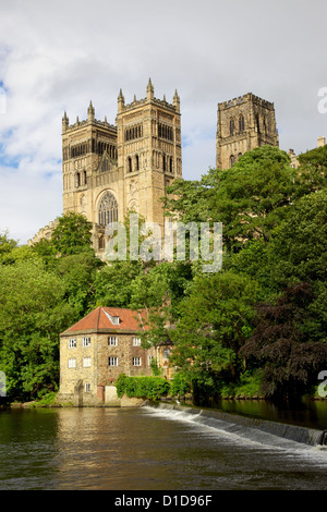 Durham Kathedrale und die alte Fulling Mühle mit Blick auf den Fluss zu tragen, County Durham, England. Stockfoto