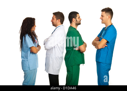 Glücklich Gruppen von Ärzten Gespräch isoliert auf weißem Hintergrund Stockfoto