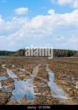 April-Landschaft. Der Himmel spiegelt sich in der gepflügtes Feld in Pfützen Stockfoto