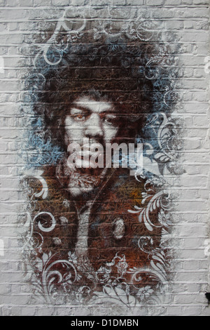 Graffiti Schablone mit Jimi Hendrix Stockfoto