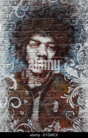 Graffiti Schablone mit Jimi Hendrix Stockfoto